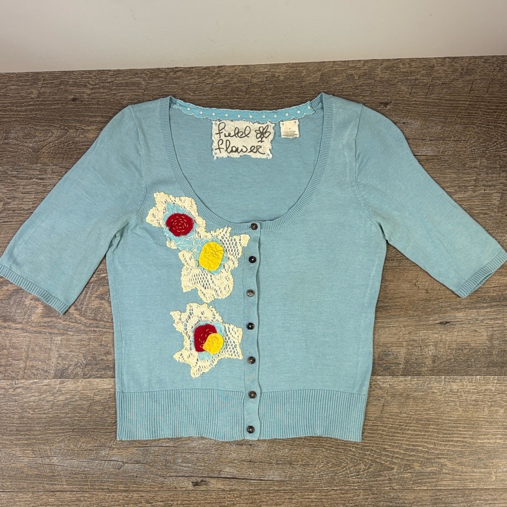 Anthropologie Field Flower Cardigan S Blue Crochet Floral